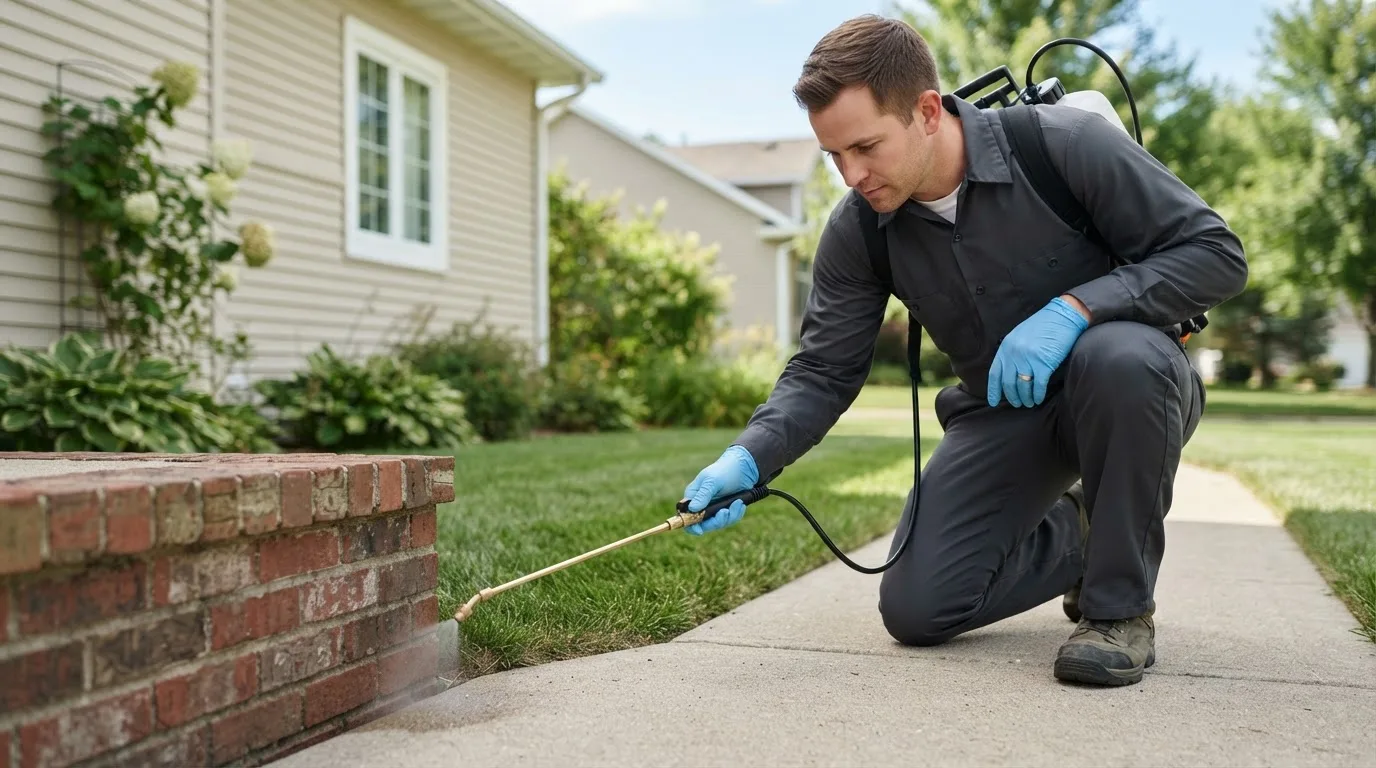 Pest control technician treating a home near Celina, TN